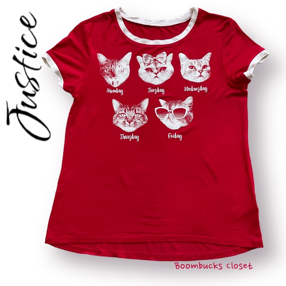 Justice Cat T-shirt Red, White Spartkles